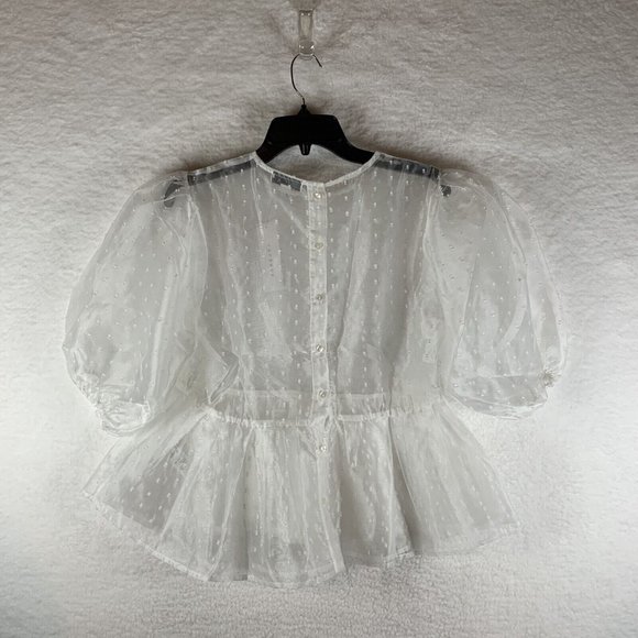 Topshop Sheer Blouse Womens 8 White Crewneck Short Sleeve Textured Pleated‎ 6370 - Picture 2 of 7